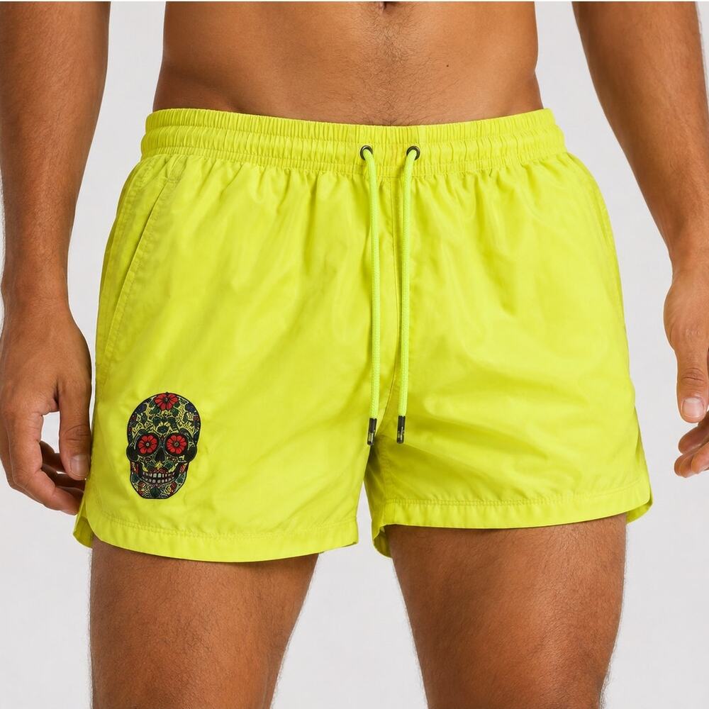 Les Canebiers Skull Swim Shorts Drawstring Beach Resort Neon Yellow Size Small